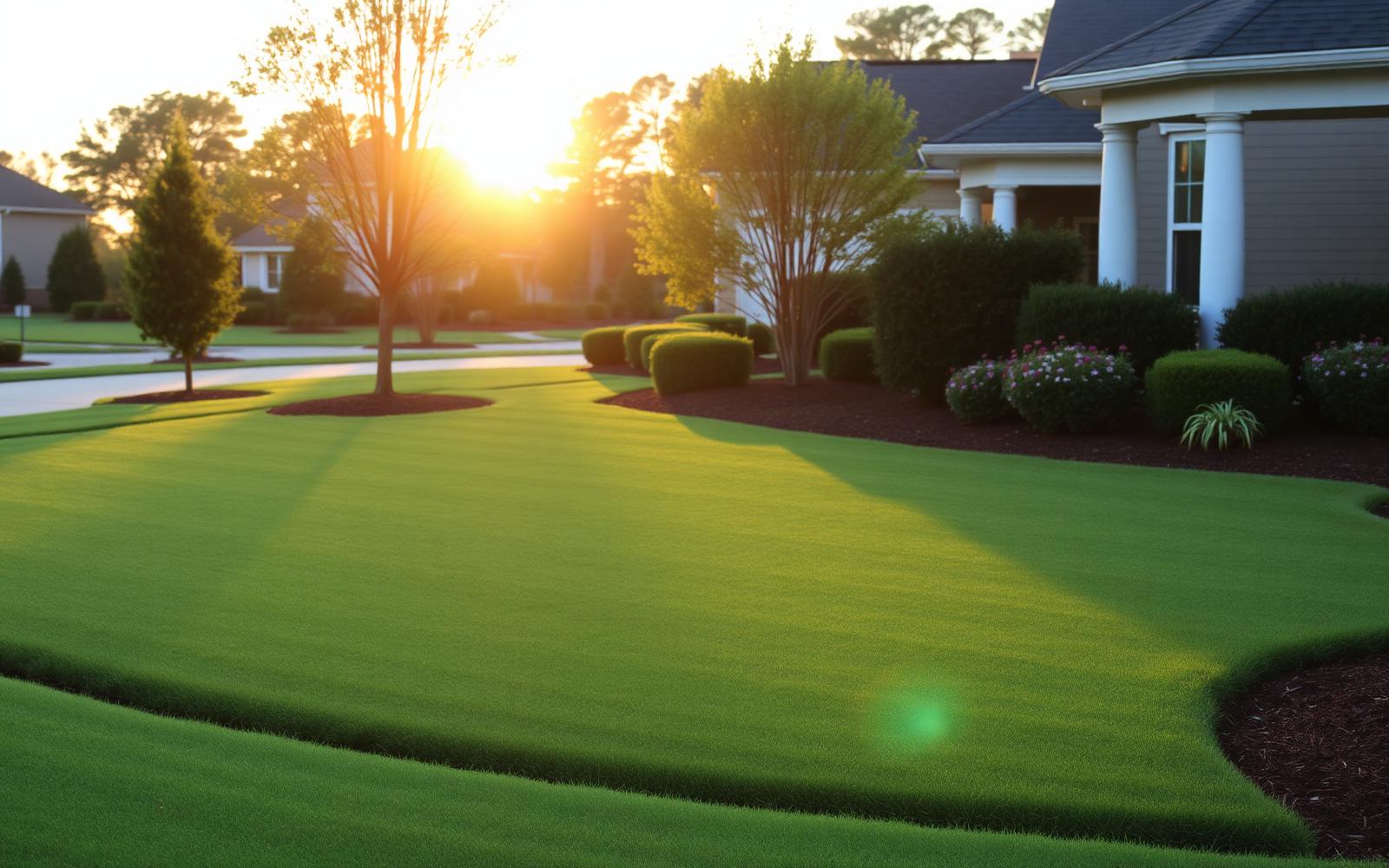 Freshly manicured lawn at sunset in Clemson